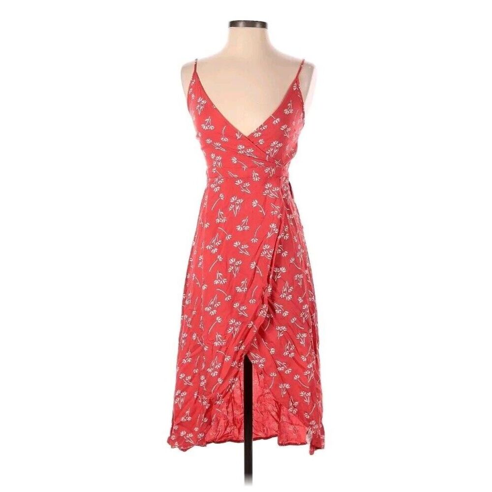 Aerie Full Wrap Dress Womens Coral Floral Knee Length Spaghetti Strap Size S